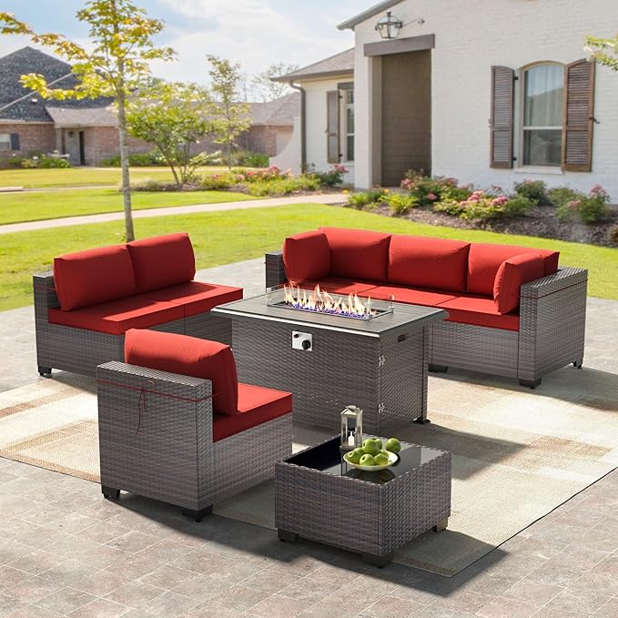 8 Pieces Outdoor Patio Furniture Sets w/55000 BTU Propane Fire Pit Table,Wicker Conversation Sofa,Includes 6 All-Weather High Back PE Rattan Seating Components w/Coffee Table&Gas Fire Pit,Red
