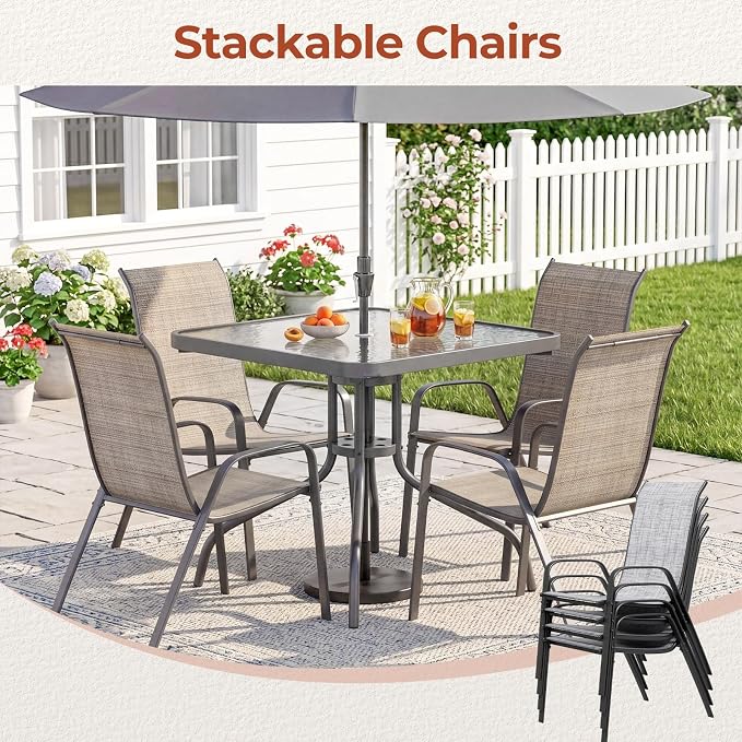 TLSUNNY Patio Dining Set 5 Pieces, All Weather Outdoor Furniture W/30"X 30" Table and 4 Stackable Textilene Chairs, Metal Table and Chairs for Lawn, Garden, Poolside, Backyard (Umbrella not Included)