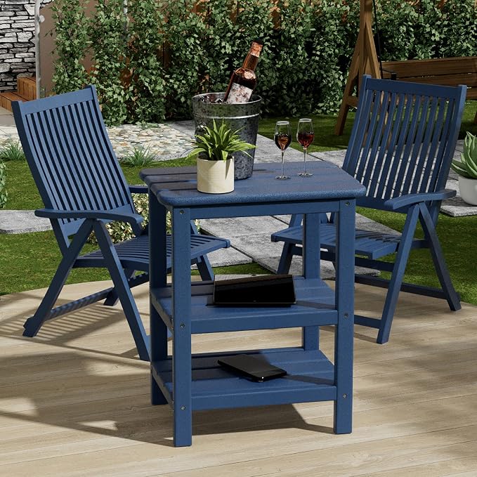 3 Tier Outdoor Side Table Adirondack Side Table HDPE End Table Patio Side Table Rectangle Tables for Outdoor Backyard Garden Balcony (Blue - No Wood Grain)