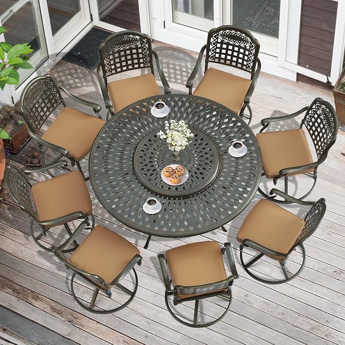 MEETWARM Outdoor 9-Piece Patio Dining Set, All-Weather Cast Aluminum Patio Conversation Set- 8 Cushioned Swivel Rocker, 61" Round Patio Dining Table w/Detachable Lazy Susan/Umbrella Hole, Dark Bronze
