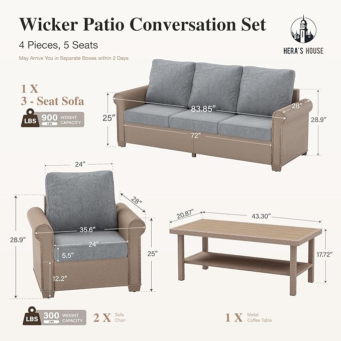 HERA'S HOUSE 4-Piece Patio Furniture Set, All Weather 5 Seats Outdoor Wicker Sofa with 44" Coffee Table, 5.5" Thick Waterproof Cushion Conversation Couch Set for Garden Deck Backyard, Grey