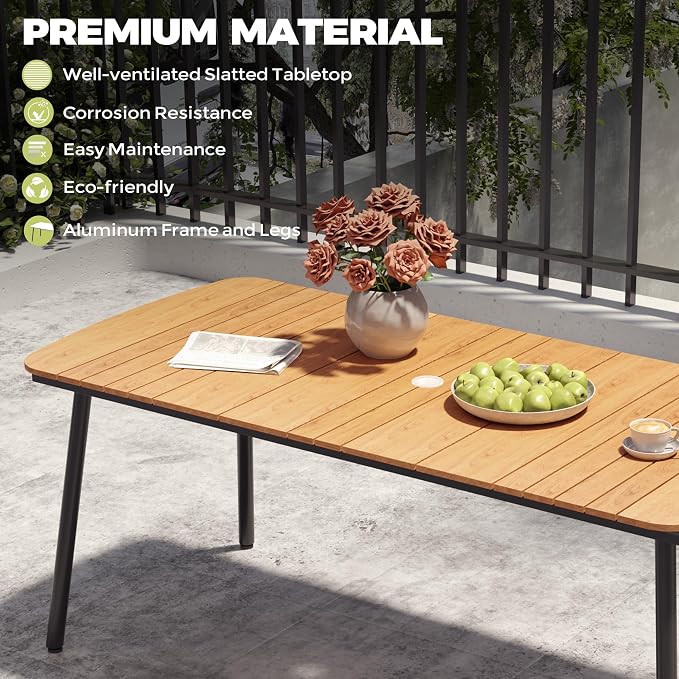 Crestlive Products Outdoor Dining Table for 6, 70In Aluminum Patio Table with Umbrella Hole Weather Resistant Rectangle OutsideTables for Patio Garden Lawn, Brown