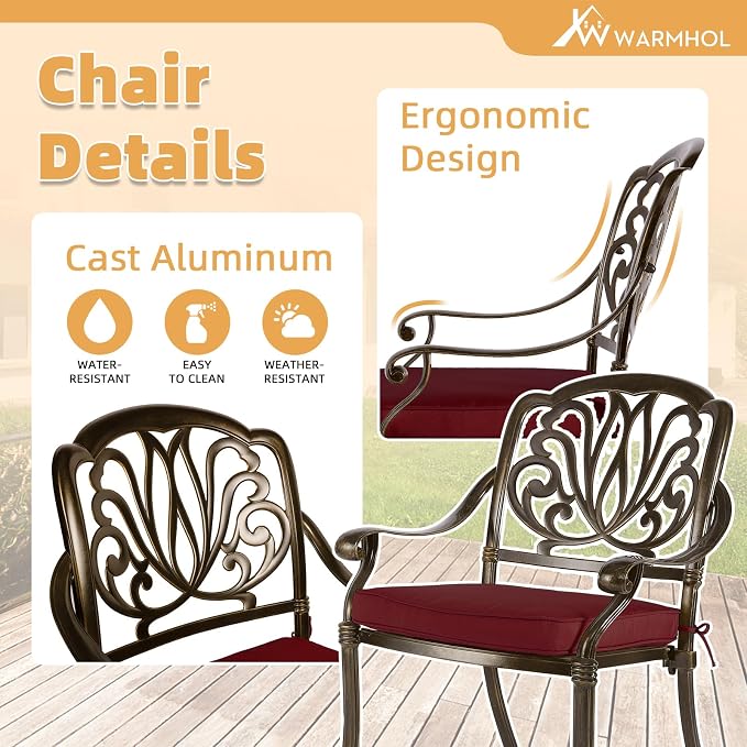 5-Piece Outdoor Patio Dining Set, All-Weather Cast Aluminum Patio Furniture Set for Backyard Garden Deck with 4 Chairs, 4 Cushions and 35.4” Square Table, 2.2" Umbrella Hole, Red