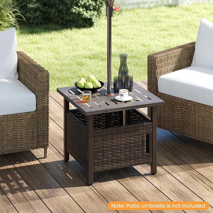 HAPPYGRILL Outdoor Side Table with 1.93" Umbrella Hole, Patio Umbrella Stand with Zinc-Iron Alloy Tabletop, Rustproof Metal Frame, PE Rattan End Table for Deck Garden Yard Poolside (with Sand Bag)