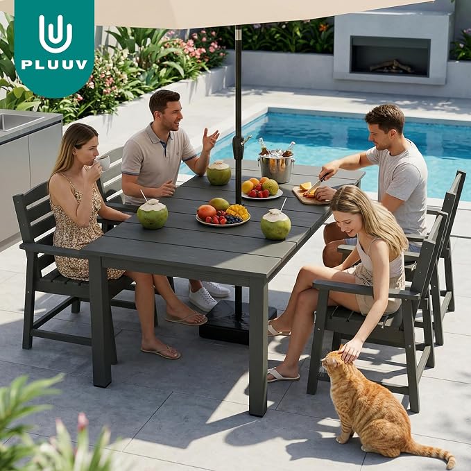 PLUUV 5-Piece Patio Dining Set, Hdpe Outdoor Patio Furniture Set with Aluminum Table Legs & Umbrella Hole, All-Weather Resistant Patio Table Set for Garden, Backyard, 4 Chairs & 1 Table, Gery