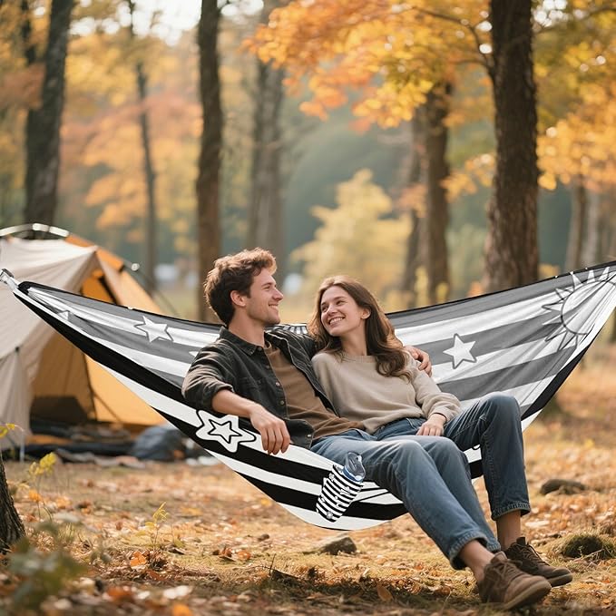 Black White Stripes Sun Moon Star 330lb Capacity Hammocks with Tree Straps Tree Hammock for Outside Patio Garden Base para hamaca
