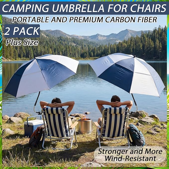 Abbylike 2 Pack 48.6" Double Canopy Umbrella with Clamp UPF50+ Beach Chair Umbrella with Clip 360°adjustable Portable Outdoor Wheelchair Patio Golf Carts Camping