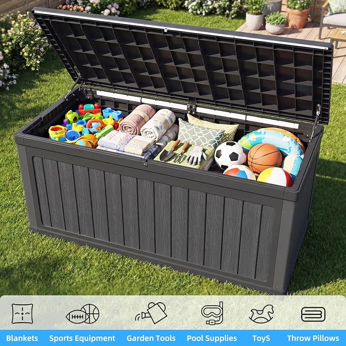 320 Gallon Outdoor Storage Deck Box, Waterproof Resin Deck Boxes with Handle & Lockable for Patio Furniture, Garden & Pool Tools -Swimming Pool, UV Resistant, Black (320)