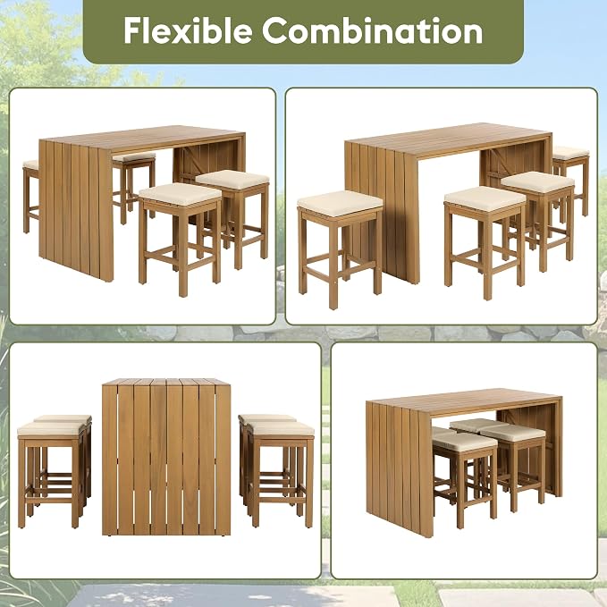 5 Piece Outdoor Bar Set, Patio Acacia Wood Bar Height Table & Four Stools with Cushions, Wood Dining Bar Set for Backyard, Poolside, Balcony