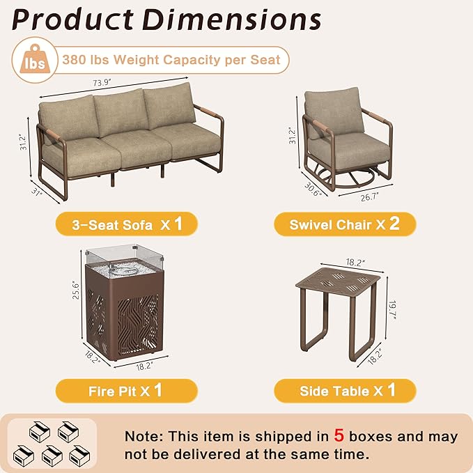 MBY Outdoor Aluminum Patio Furniture Set, 5-Seats Patio Conversation Sofa Set with 2 Swivel Rocking Chairs and 45,000 BTU Fire Pit Table w/Glass Wind Guard, All Weather for Balcony, Garden-Brown