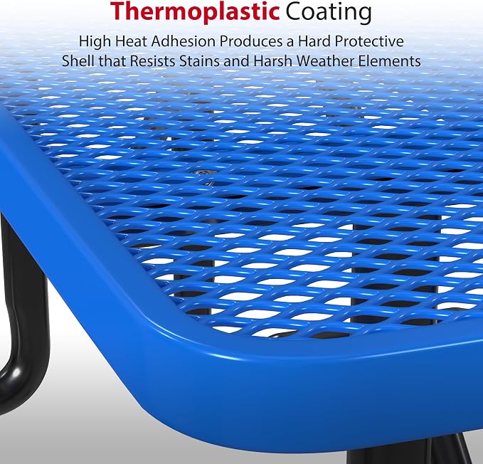 Leisure Craft Metal Picnic Table with Bench - 6 ft Rectangle Outdoor Dining Table for 6, Umbrella Hole, Weatherproof Heavy Duty Thermoplastic Coating, Commercial Grade Furniture Made in USA - Blue