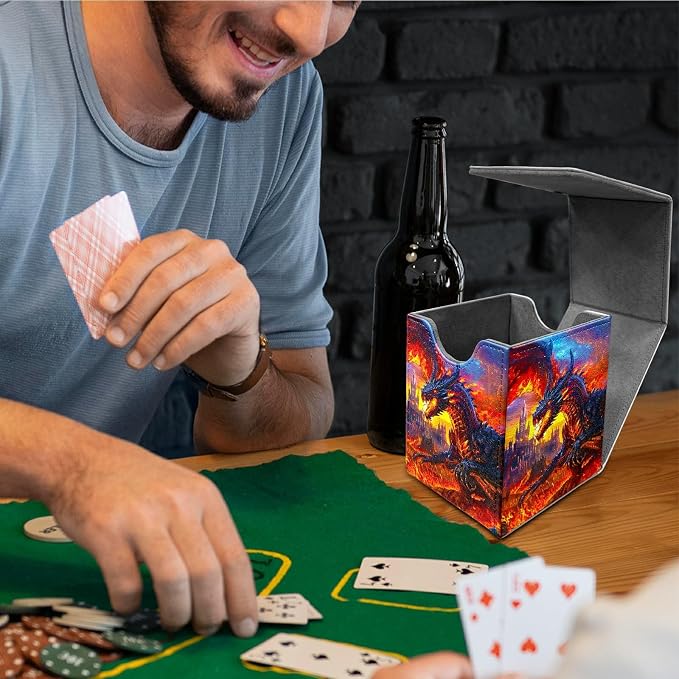 Deck Box for MTG, Cards Storage Box Fits 120+ Sleeved, Leather Medium Size Strong Magnetic Closing Card Case for Board Games Magic TCG CCG Baseball Collection, Castle Flaming Dragon