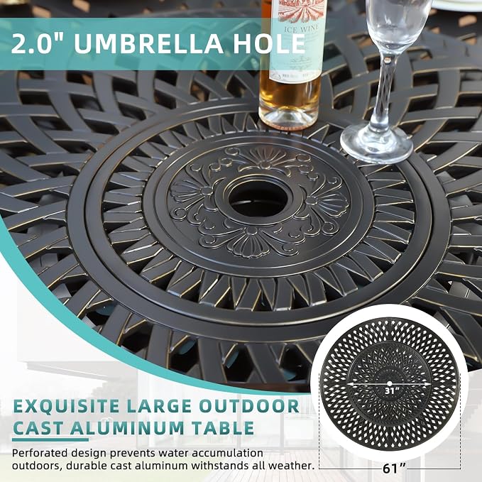 MEETWARM 9-Piece Outdoor Furniture Dining Set, All Weather Cast Aluminum Patio Garden Set- 8 Cushioned Chairs, 61" Round Patio Dining Table with Detachable Lazy Susan, 2" Umbrella Hole,Dark Bronze
