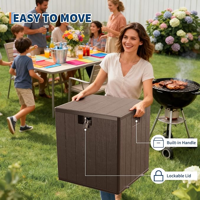 Patikuin 28 Gallon Outdoor Resin Deck Box, Weatherproof & UV Resistant Storage Bench with Lockable Lid, Handles, Imitation Rattan/Wood Pattern, Brown