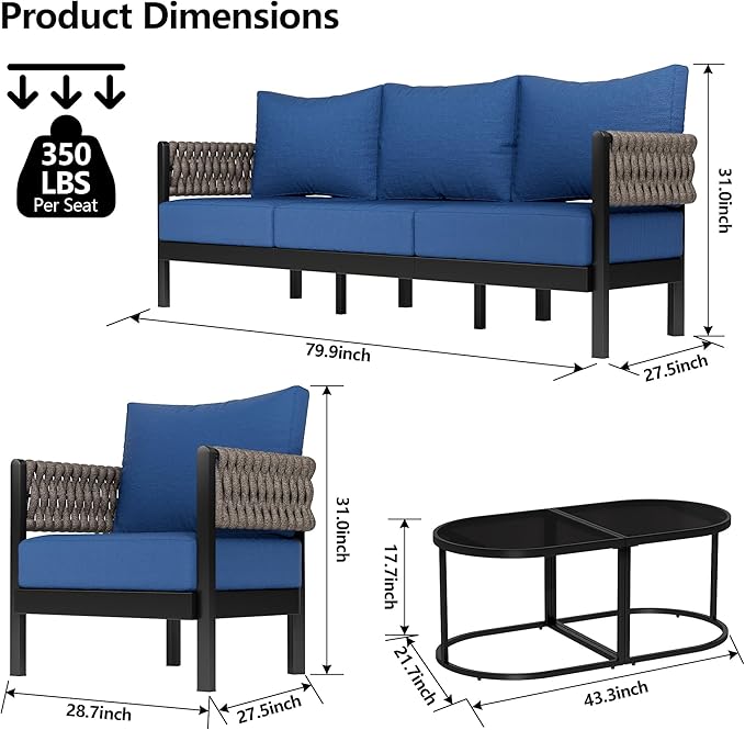 Aluminum Patio Furniture Set,8 Pieces HDPE Rope Patio Conversation Sets with Modular Coffee Table,Metal Outdoor Sectional Furniture w/5.9" Thick Cushions for Porch,Deck,Backyard,Navy Blue