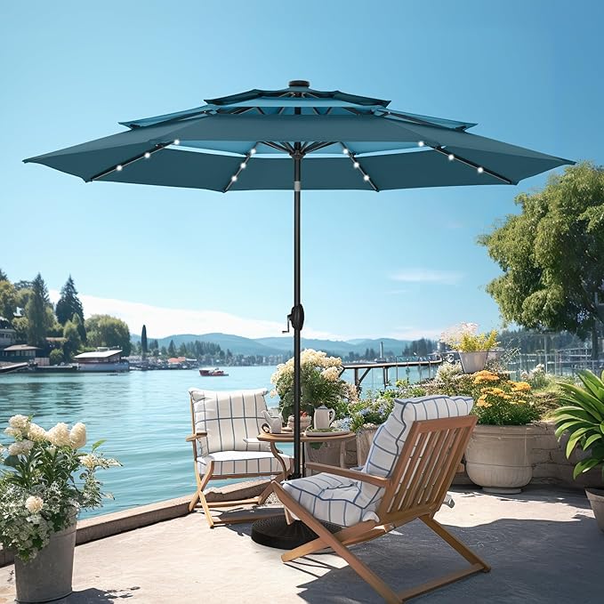 PHI VILLA 10ft Patio Umbrella with Solar Lights, Outdoor 3 Tier Vented Large Market Table Umbrella for Lawn Poolside Garden Terrace, Peacock Blue & Cerulean (No Base)