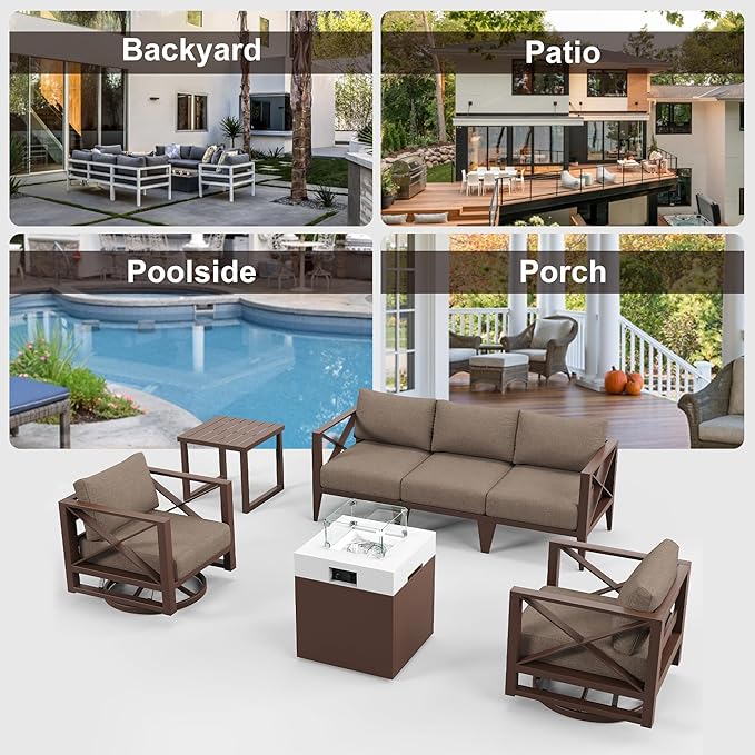 MBY Aluminum Patio Furniture Set with Fire Pit Table, 7-Piece All-Weather Outdoor Conversation Set with Swivel Rocking Chairs, Oversized Modern Sofa for Backyard, Deck, Balcony-Brown
