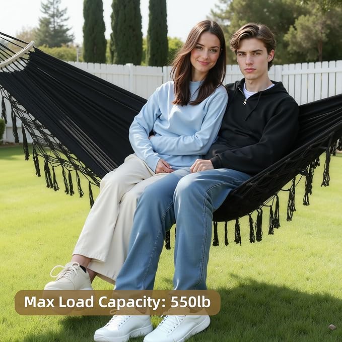 Portable Hammock, Hanging Hammock with Tassels and Fishtail Knitting, 320GSM Hanging Bed with Set Full Accessories for Outdoor Camping Patio Balcony Black