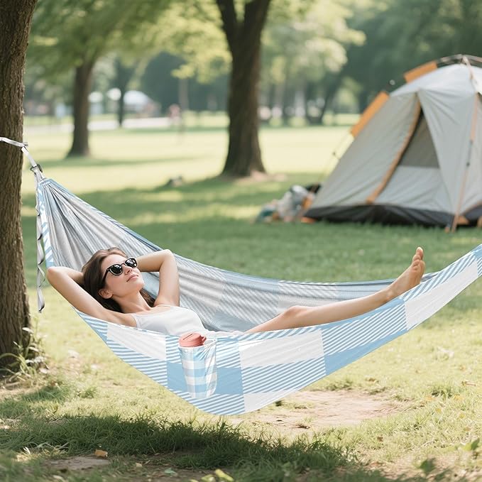 Qilmy Baby Blue Plaid Pattern Camping Hammock Single – 330 lbs Capacity, Lightweight with Tree Straps & Carabiners, Portable for Hiking, Travel, Backpacking