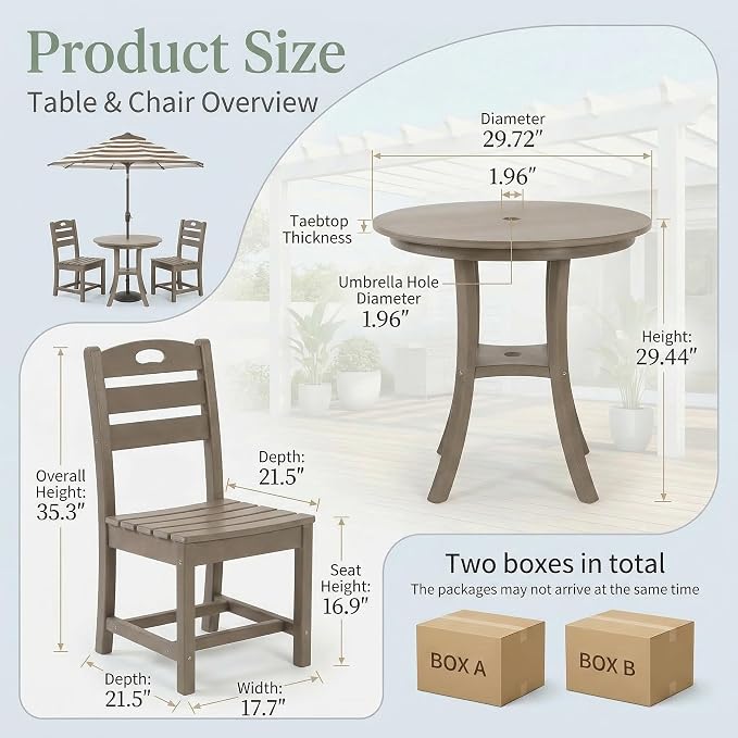3-Pcs Outdoor Patio Dining Table Set of 3, Outdoor Patio Round 29.72'' Dining Table Bistro Set and Armless Chair for Garden Backyard, HDPE Material & 1.96'' Umbrella Hole, Antique Brown