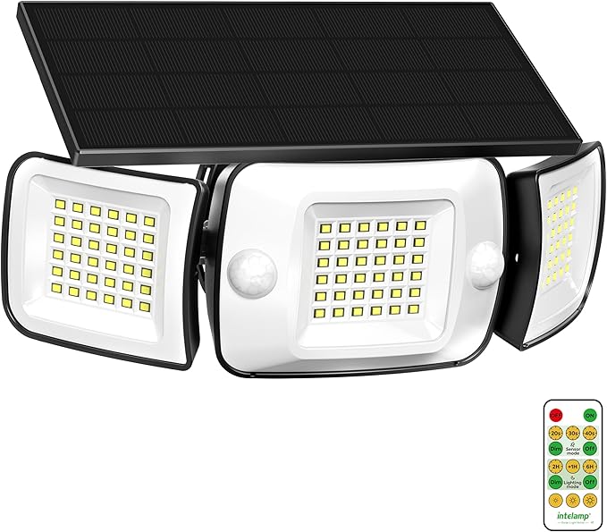 intelamp Solar Flood Lights Outdoor Waterproof, 6000mAh 1200LM Solar Powered Dual Motion Sensor LED Lighting Dusk to Dawn Security Floodlight Exterior with Remote for Outside Garden House Yard Porch