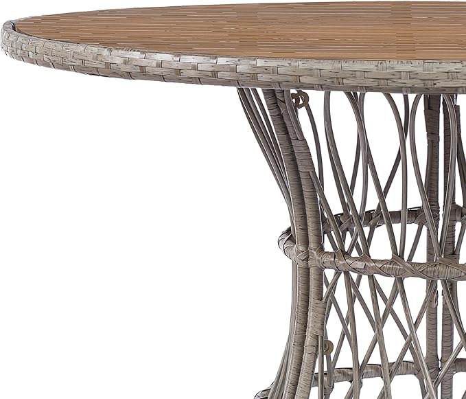 Merax 47.24" Round Outdoor Dining Table, Acacia Wood Top & Wicker Base, Patio Table for 4-6 People, Garden Outdoor Furniture, Brown Finish