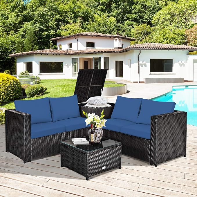 HAPPYGRILL 4PCS Patio Furniture Set Outdoor Rattan Wicker Conversation Sofa Set with Storage Box & Tempered Glass Coffee Table for Backyard Garden Porch