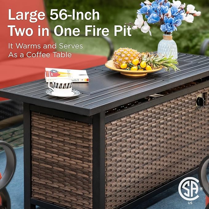 PHI VILLA Patio Furniture Set with 56" Fire Pit Table, Metal Frame Outdoor Conversation Sets, Wicker Patio Sectional Swivel Chairs with Ottomans for Porch, Deck, Poolside(6 Pieces, Red)