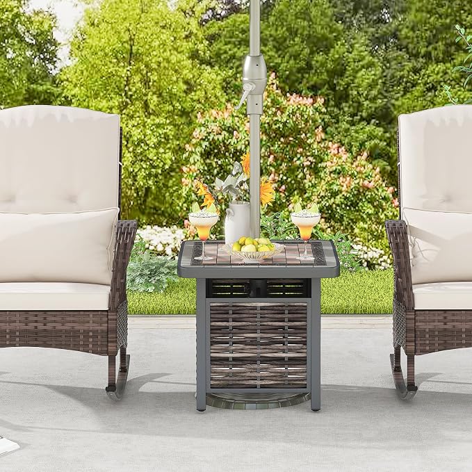 HAPPYGRILL Outdoor Wicker Side Table with Umbrella Hole, PE Rattan Square Coffee Table with Resin Top, Metal Frame, Small End Side Table for Garden, Yard, Poolside, Deck