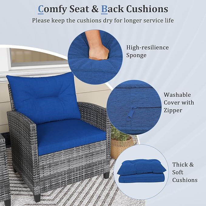 KOTEK 3 Piece Patio Furniture Set, Outdoor PE Rattan Conversation Set with Washable Cushions & Tempered Glass Tabletop, Wicker Chairs and Table Set for Porch, Garden, Balcony (Navy)