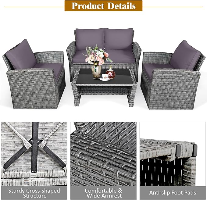 Tangkula 4 Pieces Patio Furniture Set, All Weather Outdoor Sectional Rattan Sofa Set with Cushions & Tempered Glass Table, Wicker Conversation Couch Set for Backyard Garden Poolside