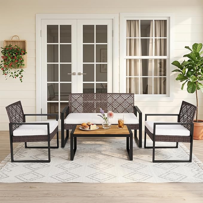 Tangkula 4-Piece Patio Conversation Set, Outdoor Furniture Set w/2 Single Chairs, Cushioned Loveseat & Acacia Wood Coffee Table, PE Wicker Seating Set w/Metal Frame & Adjustable Feet for Yard (Brown)