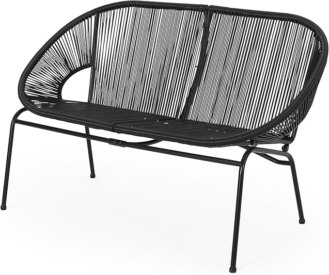 Christopher Knight Home Dessa 3 Piece Patio Furniture Set, Patio Wicker Accent Chair Set of 2 and Loveseat, Metal Frame 4 Seater Outdoor Papasan Lounge Chair Set, PE Rattan Outdoor Bistro Set, Black