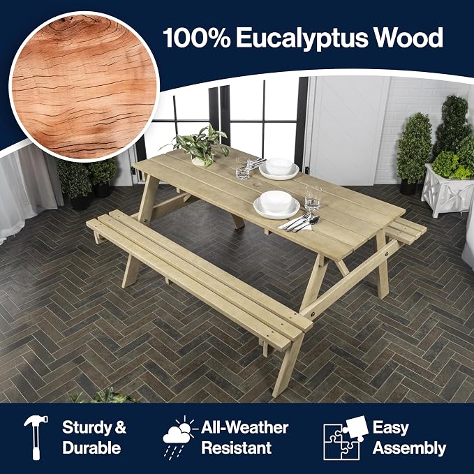 JONATHAN Y Shoreham 59" Eucalyptus Wood Outdoor Picnic Table with Benches for Patio, Rectangular Dining Set with 2" Umbrella Hole, Heavy Duty 700 lbs Capacity, Light Teak BNH200B