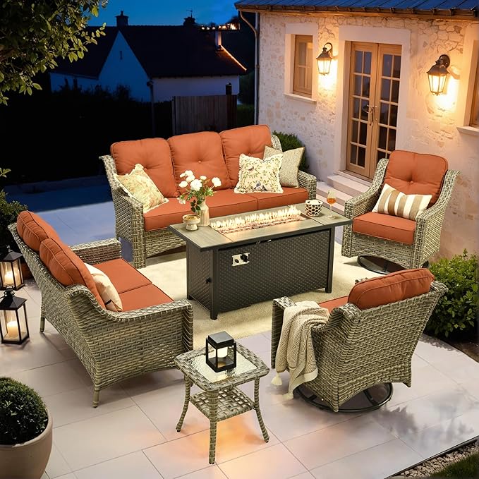 HOOOWOOO Patio Furniture Set,6 Pieces Wicker Outdoor Furniture,High Back Conversation Set with All Weather Resistant Fire Pit Table Couch Swivel Chairs,Red