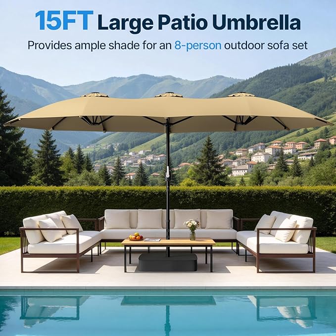 Suteck 15FT Patio Umbrella with Base Included, Double-Sided Rectangle Outdoor Large Umbrella with Crank Handle, UV & Fade Resistant Canopy for Poolside, Backyard, Deck and Market, Beige