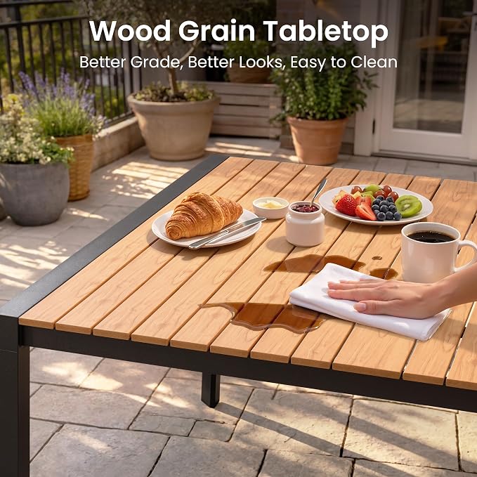 9-Piece Square Outdoor Dining Set, 56" Patio Table and Stackable Chairs | Aluminum Frame Adjustable Umbrella Hole All-Weather Wood Grain Tabletop for Garden, Deck, Backyard, Brown