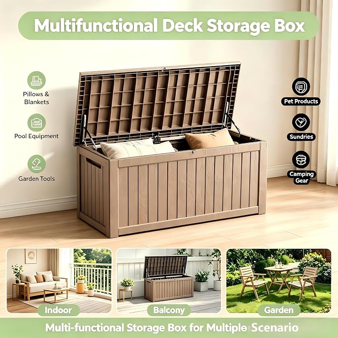 152 Gallon Outdoor Deck Storage Box, Large Waterproof Resin Patio Storage Box, Lockable Bench Seat Holds 2 Adults, for Garden Tools, Cushions & Pool Floats, UV & Rust Resistant, Gray Brown