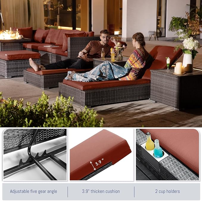 BULEXYARD 11 Piece Large High Back Outdoor Patio Furniture Sets with Firepit and Loungers, Cozy Extra Deep Wide Seating Sectional Conversation Couch Backyard Sitting Sets, Grey Wicker & Red Cushion