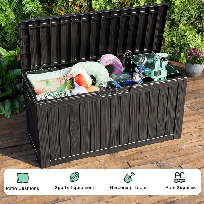 DRATO 90 Gallon Outdoor Storage Box Waterproof, Lockable Resin Deck Box with Lid for Patio Furniture Bench, Pool Garden Tools, Weatherproof Outside Storage Bin for Backyard Porch (Black, 90 Gallon)