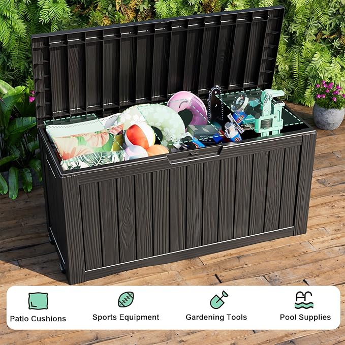 DRATO 90 Gallon Deck Boxes Outdoor Waterproof, Resin Large Lockable Storage Box with Lid, Outdoor Storage Bench Patio Cushions Furniture, Garden Tools, Pool Accessories (Black, 90 Gallon)