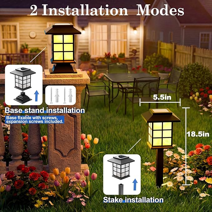 Anordsem Solar Garden Light Outdoor：2 Pack LED Waterproof Post Lighting - Modern Durable Decorative Lights for Lawns Fence Backyards Step with 2 Installation Modes - Gifts for Gardening Enthusiasts