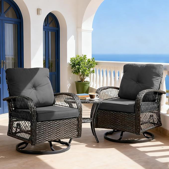 Outdoor Swivel Rocker Patio Chairs with Cushions，Outdoor Swivel Rocking Chairs Set of 2 with Rattan Side Table，360 Degree Swivel Seat Patio Furniture Set for Outside Porch Deck，3 Pieces