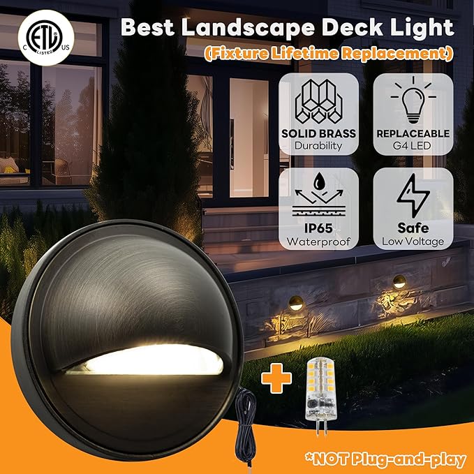 Gardenreet Solid Brass Deck Lights - Low Voltage LED Step Lights Outdoor, 12V Landscape Hardwired Waterproof Bronze for Stair Fence Wall with 3000K Soft White 3W 270LM G4 Bulb 4 Pack