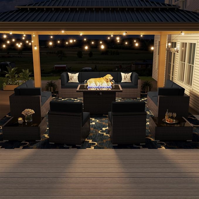13 Pieces Patio Furniture Set with 44" Propane Gas Fire Pit Table, Outdoor Sectional Wicker Conversation Sofa Sets with Coffee Table