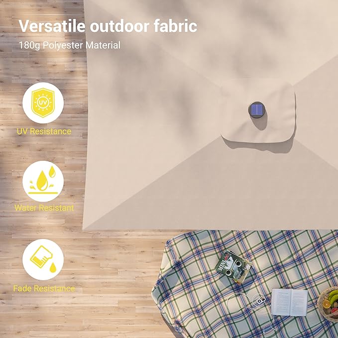 Rectangle Patio Umbrella with Solar Lights, 10 x 6.5ft Rectangular Outdoor Umbrella Table Market Patio Umbrella with Push Button Tilt and Crank for Garden, Deck, Backyard, Pool
