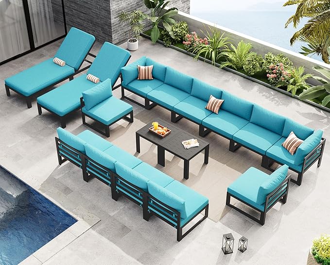 NICESOUL 14 Person Modern Aluminum Outdoor Patio Furniture Set with Chaise & Side Table, 29" Wide Deep Seating, Water Resistant Modular Sectional Couch, Oversized Conversation Set for Poolside, Teal
