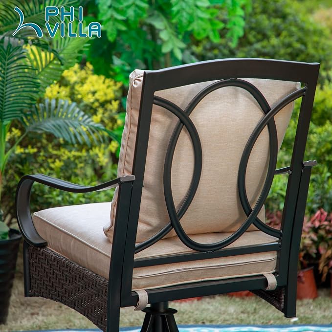 PHI VILLA Swivel Patio Dining Chairs Wicker Chairs Set of 2 with Cushions | Heavy Duty Outdoor Metal Wicker Dining Chair with Padded Cushions, Large All Weather Wrought Iron Patio Chair for Balcony