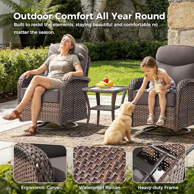 Luxury Patio Furniture Set with 6-inch Thick Cushions, Outdoor Furniture Set with High Back Swivel Chairs, 6 PCS Wicker Outdoor Conversation Set for Porch, Patio, Yard, Deck, Poolside, Brown/Grey