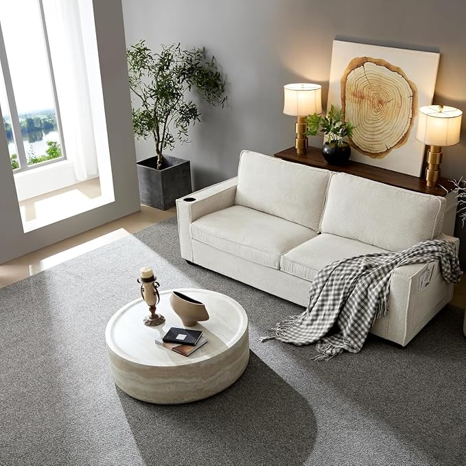 Modern Round Coffee Table End Table Set of 2 Faux Travertine Marble Pattern Circle Coffee Tables Side Table Set for Living Room Apartment No Need Assembly (Fiberglass 2piece)